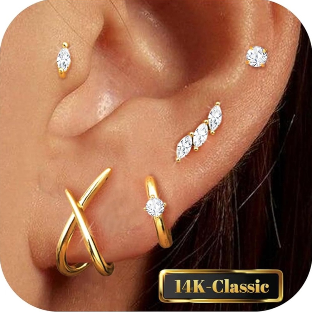 14K Gold Plated Stud Earrings Set Women Hypoallergenic 5 Pairs